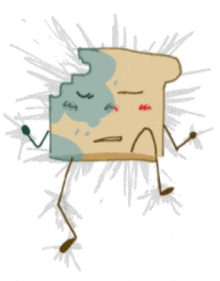 a cartoon drawing of a piece of bread with a face and arms and legs