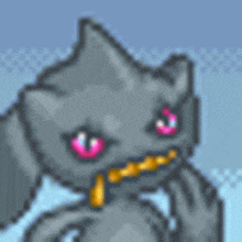 a pixel art drawing of a cat with pink eyes and a yellow mouth .