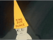 a cartoon character is wearing a yellow cone hat that says king size dunce