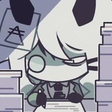 a cartoon character is sitting at a desk with a stack of boxes behind him .