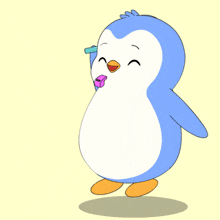 a penguin holding a sign that says no