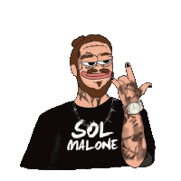 a cartoon drawing of a man wearing a black shirt that says sol malone