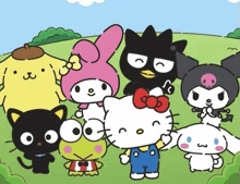 a group of cartoon characters including hello kitty are standing together