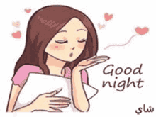 a cartoon girl is blowing a kiss while holding a pillow and saying good night .