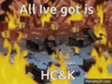 a group of people are standing in front of a fire with the words `` all i ve got is hc & k '' .