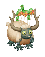 a cartoon sheep with horns and a green bird on its head