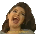 a woman is laughing with her mouth open and the words `` laugh in spanish '' written on the bottom .