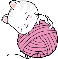 a cartoon cat is laying on top of a ball of pink yarn