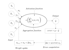 a diagram showing the activation function aggregation function error computation weight update and error computation