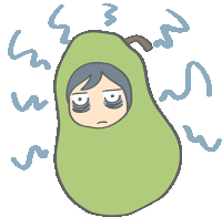 a cartoon of a person dressed as an avocado with a sad look on their face