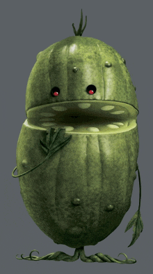 a green vegetable with red eyes and a mouth