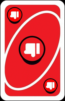 a red uno card with a hand in a circle with the letter i on it