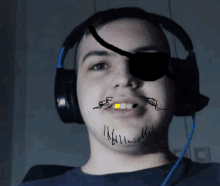 a man wearing headphones has a drawing on his face that says " i 'm a pirate "