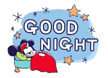 mickey mouse is sleeping in a bed with the words `` good night '' written above him .