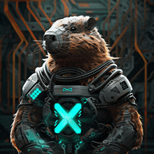 a beaver wearing a futuristic suit with a blue x on its chest