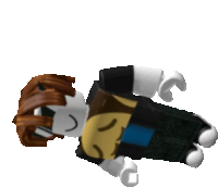 a roblox character with brown hair is laying down on his back