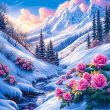 a painting of pink roses in a snowy landscape with mountains in the background