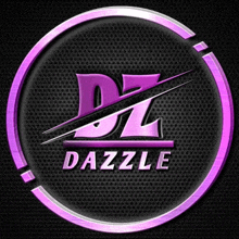 a purple dazzle logo with a silver border on a black background