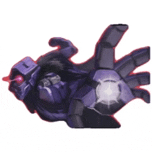 a purple robot with red eyes is laying on its back on a white surface .