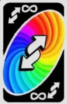 a rainbow colored uno card with two arrows pointing in opposite directions on a black background .