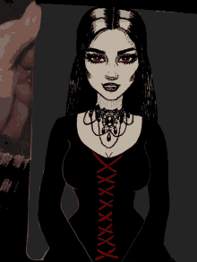 a drawing of a woman with red eyes and a corset that says xxx