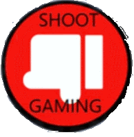 a red circle with the words shoot gaming in black letters