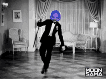 a man in a tuxedo is dancing in a room with moon sama written on the bottom right