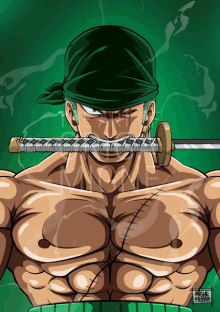 a drawing of roronoa zoro from one piece with a sword in his mouth and a bandana around his head