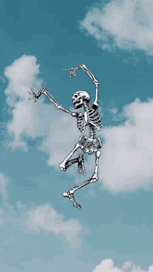 a drawing of a skeleton jumping in the air with clouds in the background