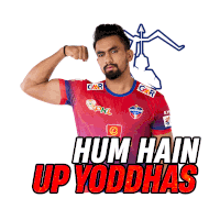 a man in a red shirt with the words hum hain up yoddhas above him