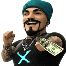 a man wearing a black shirt with an x on it holds a dollar bill