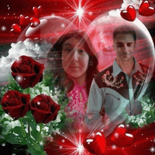 a man and a woman are in a heart surrounded by red hearts and roses