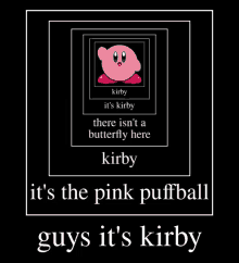 a poster that says ' it 's kirby there isn 't a butterfly here kirby ' on it