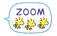 a blue speech bubble with the word zoom and three woodstocks inside