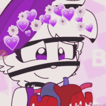 a cartoon character holding a heart with purple hearts on it