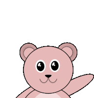 a pink teddy bear with big eyes is waving its arm