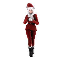 a woman wearing a santa hat and scarf is walking