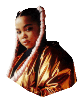 a woman with braids and a gold jacket looks at the camera