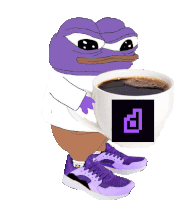 a purple frog is holding a cup of coffee with a purple square in the background