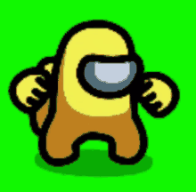 a yellow among us character with black arms and legs is standing on a green background .