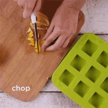 a person is cutting a piece of fruit on a cutting board with the words chop written on the bottom