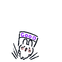 a cartoon rabbit is holding a sign that says good .