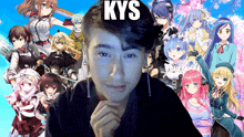 a man stands in front of a collage of anime characters with the word kys written above him