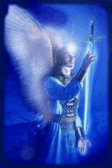 a man with wings is holding a sword in his hand in a dark room .