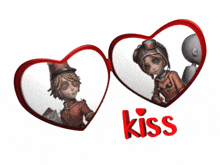 a couple of hearts with the word kiss in red letters