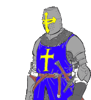 a drawing of a knight with a blue vest and a yellow cross on his chest