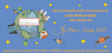 a greeting card for jacob bellecombette with a globe in the center