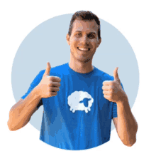 a man in a blue shirt with a sheep on it gives a thumbs up