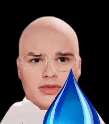 a bald man with glasses and a drop of water