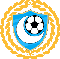 a blue shield with a soccer ball and a crescent moon on it